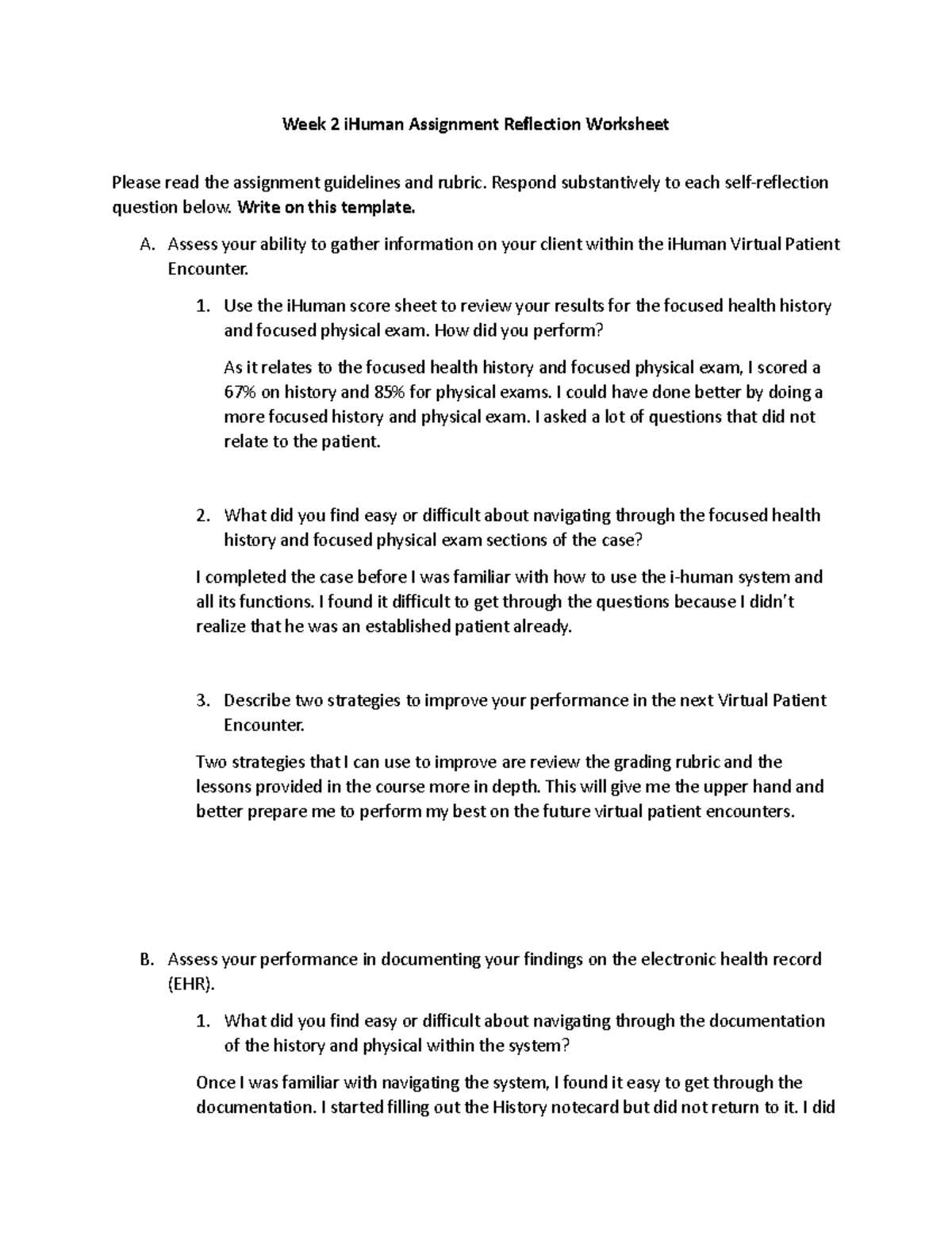 week 2 ihuman assignment reflection worksheet