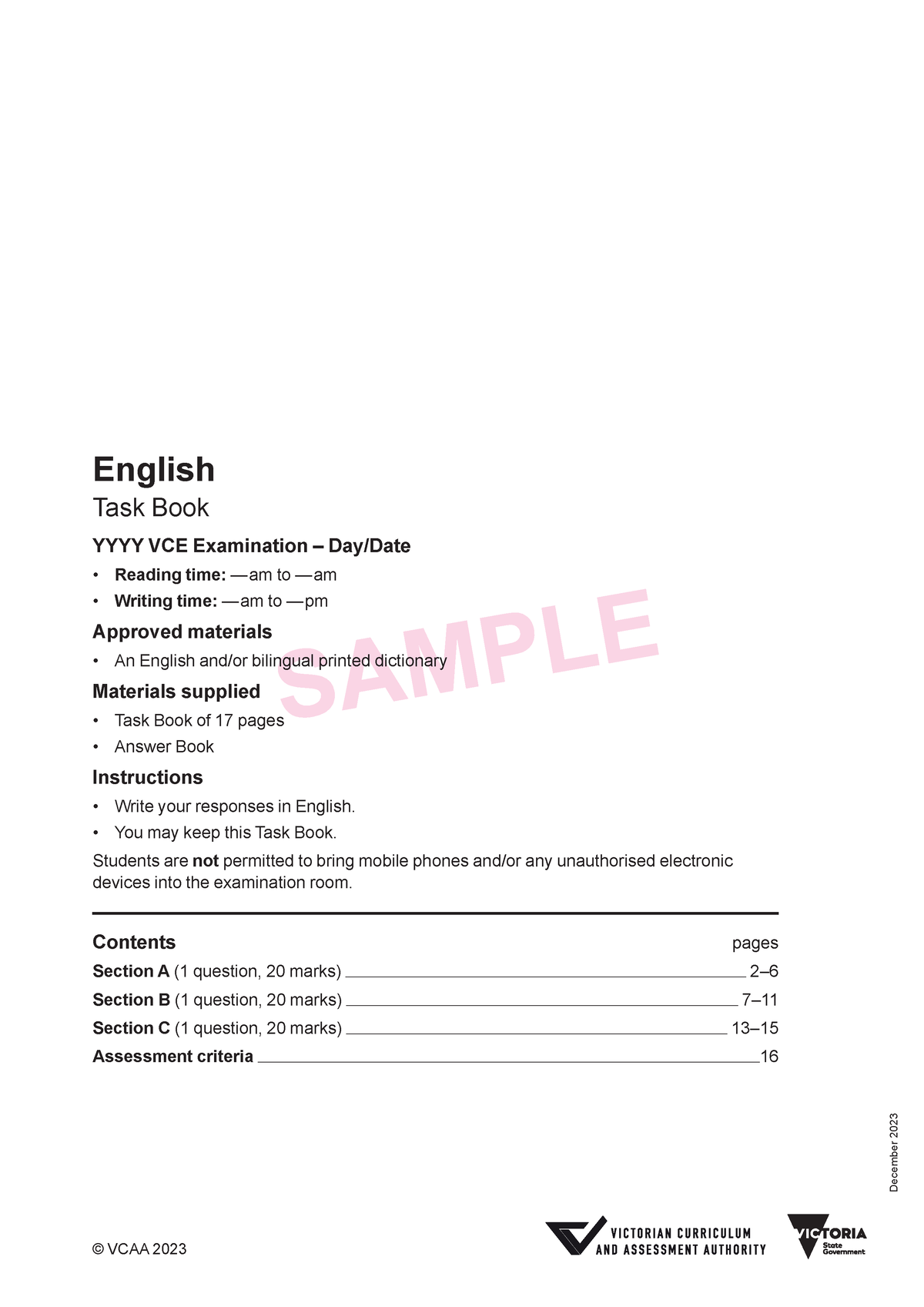 VCCA sample exam - © VCAA 202 3 English Task Book YYYY VCE Examination ...