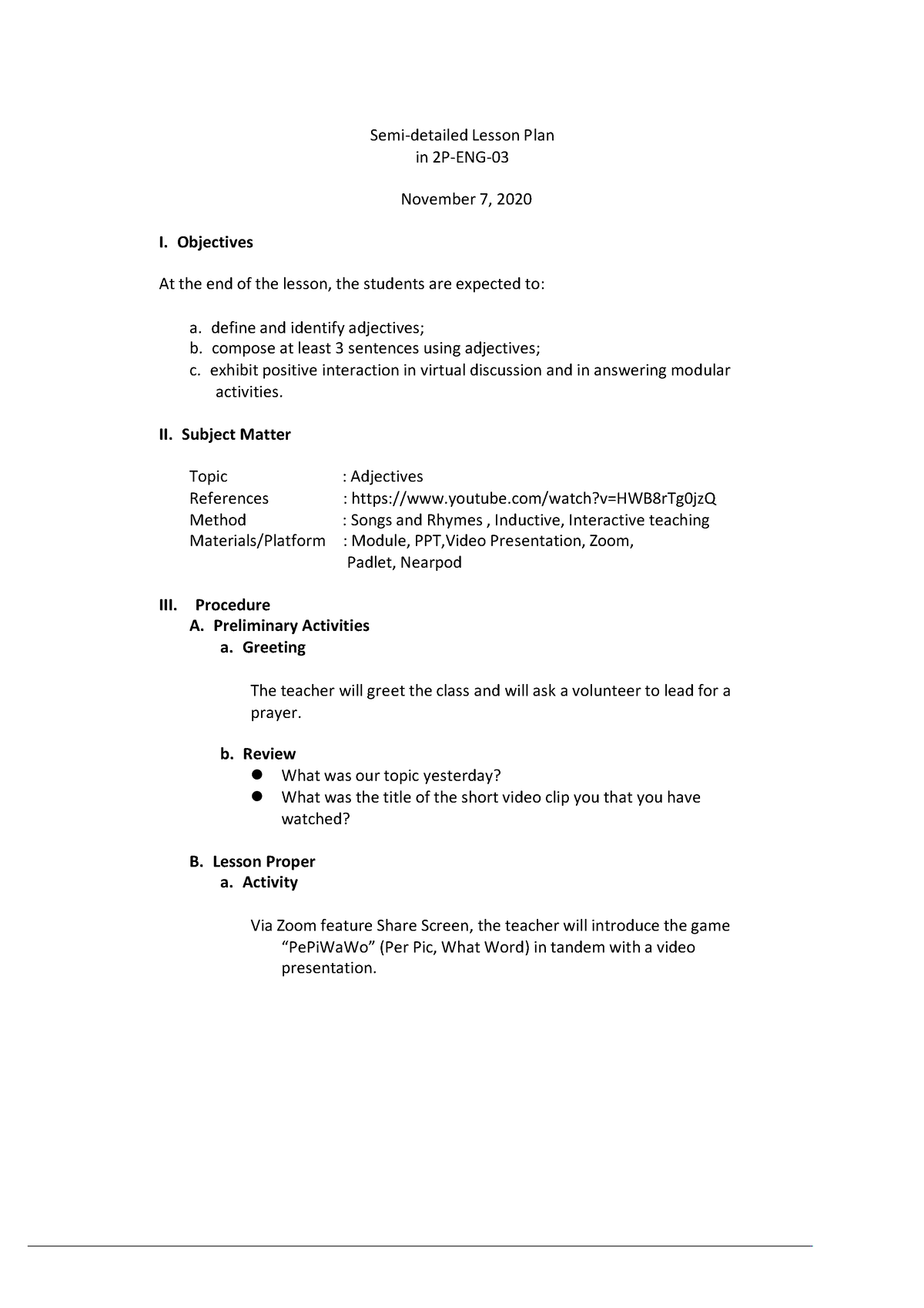 Semidetailed I Print 1 - Detailed lesson plan - Semi-detailed Lesson ...