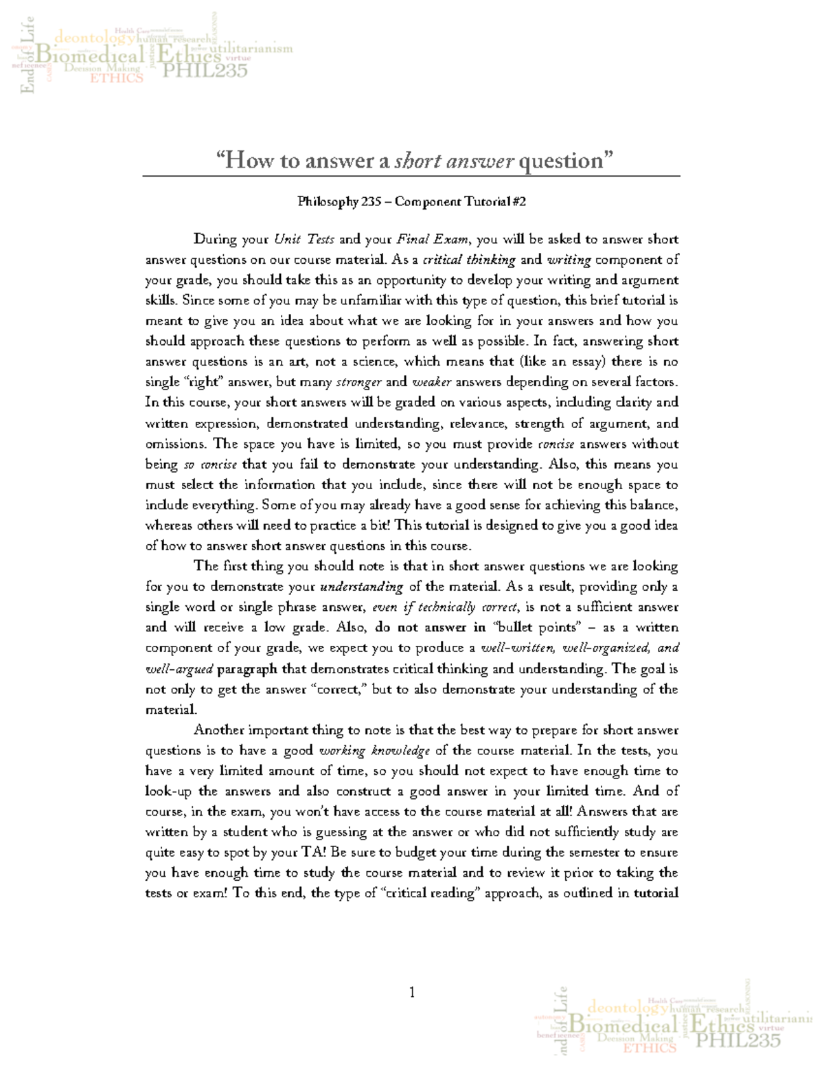 Phil235 Tutorial 2 How to answer a short answer question - “How to ...
