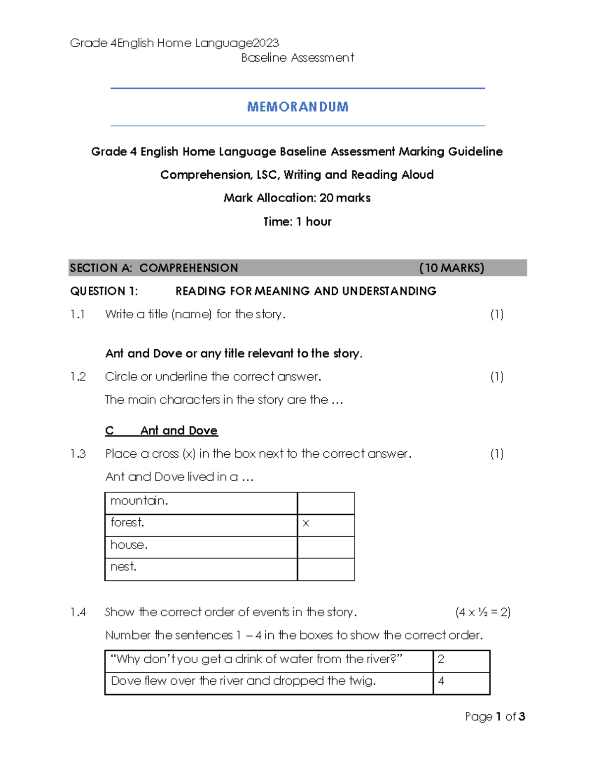 Grade 4 Hl Baseline Marking Guideline Grade 4english Home Language Baseline Assessment Page 1