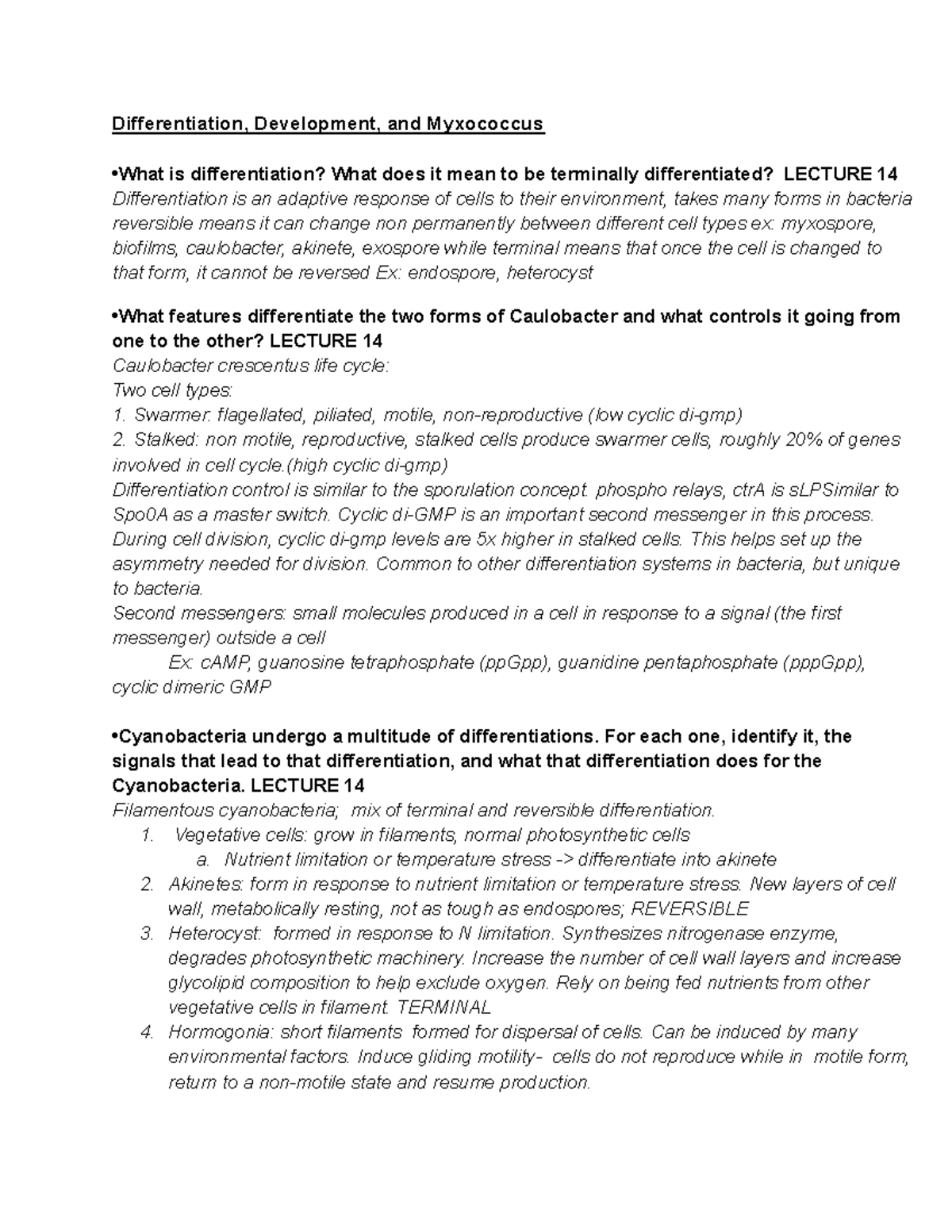 Mic102 midterm 3 study guide Differentiation, Development, and Myxococcus •What is Studocu