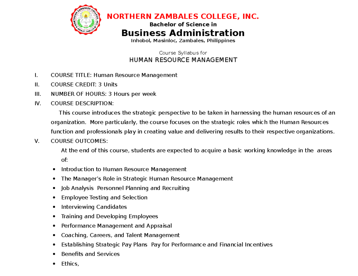 HRM Syllabus NORTHERN ZAMBALES COLLEGE INC Bachelor Of Science In 