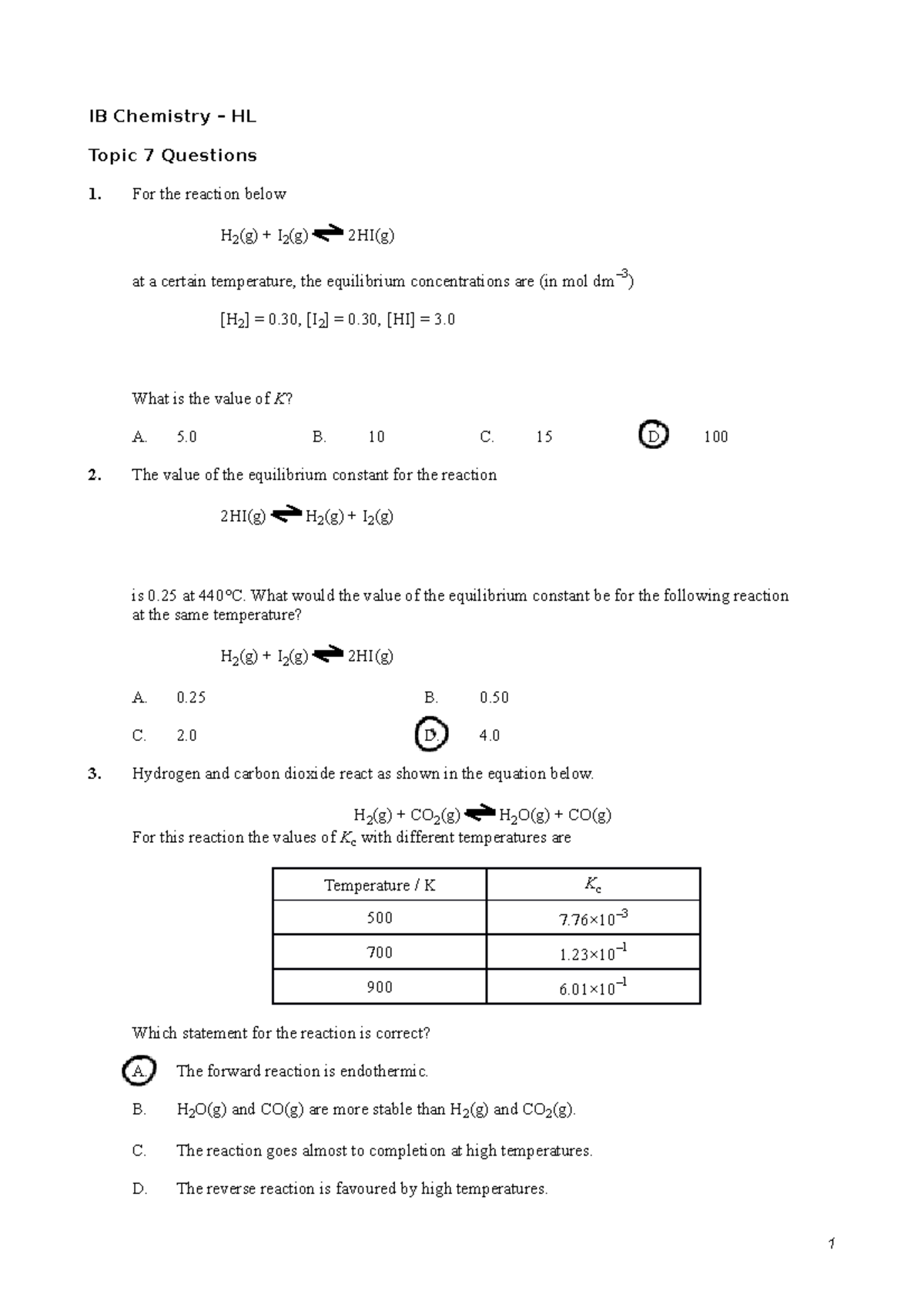 Equilibrium questions and answers - IB Chemistry – HL Topic 7 Questions ...