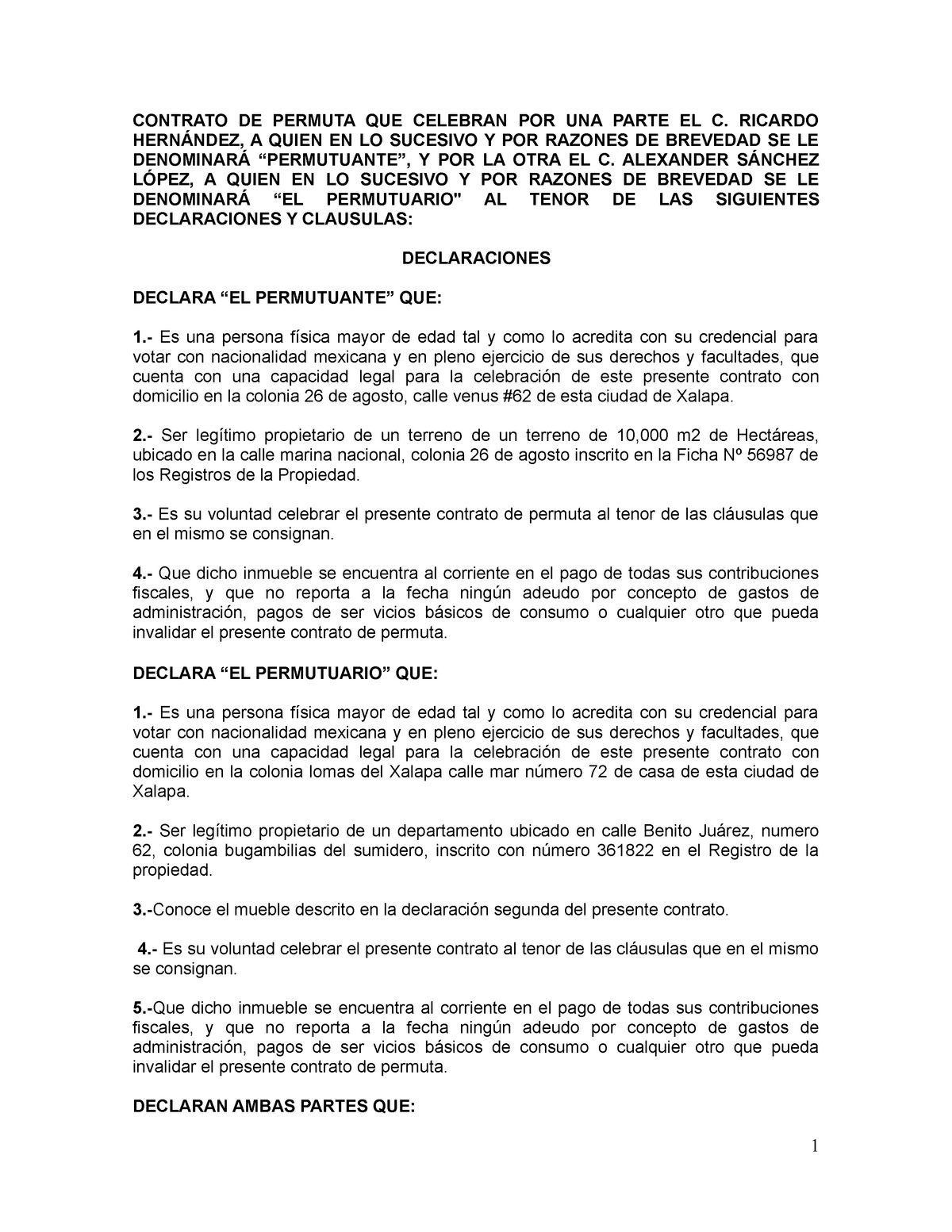  Contrato DE Permuta - CONTRATO DE PERMUTA QUE CELEBRAN POR UNA PARTE EL  C. RICARDO HERNÁNDEZ, A - Studocu