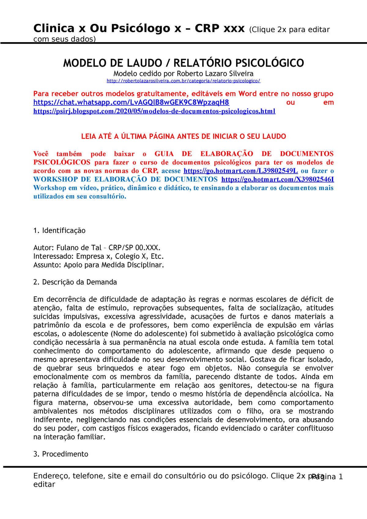 Modelo Laudo Psicologico 01 Página 1 Com Seus Dados Modelo De Laudo RelatÓrio PsicolÓgico 3348