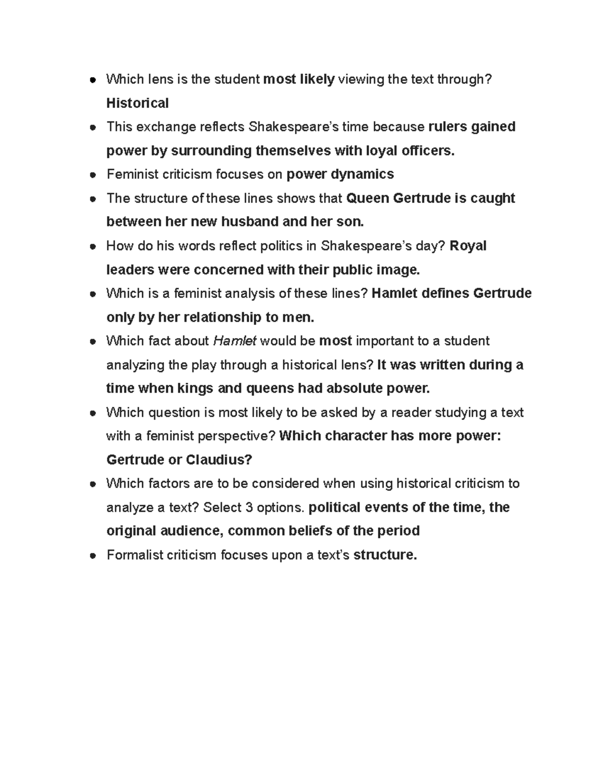 Hamlet, Part 6 Applying Literary Criticism Quiz Which lens is the