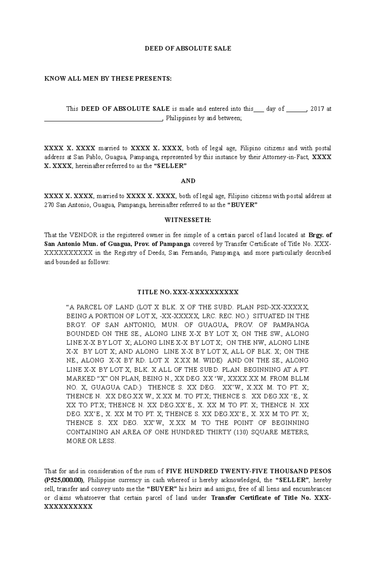 Deed-of-Absolute-Sale-Template - DEED OF ABSOLUTE SALE KNOW ALL MEN BY ...