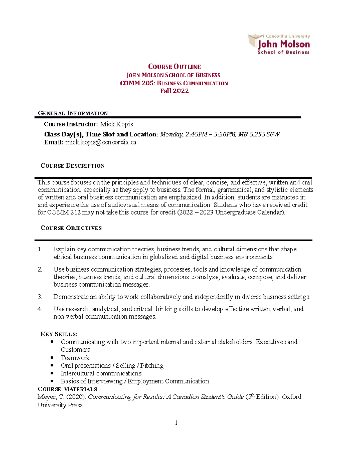 COMM 205 Course Outline - Fall 22 - COURSE OUTLINE JOHN MOLSON SCHOOL ...