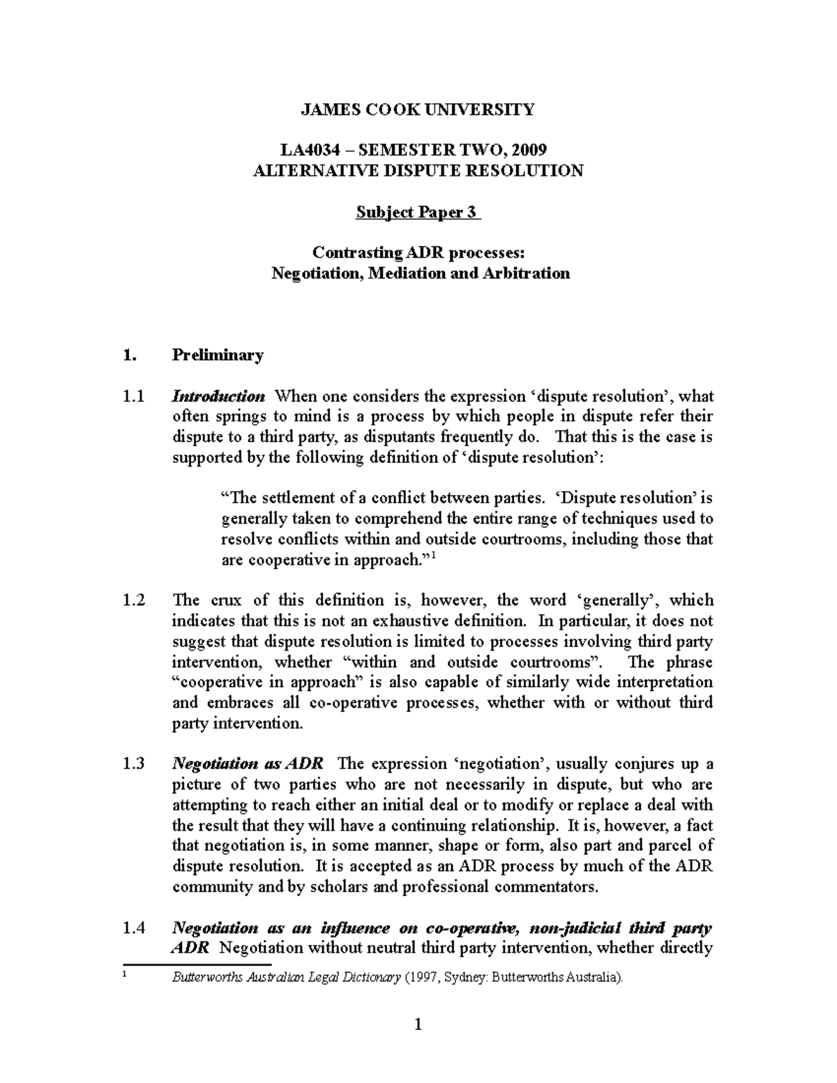 JCU 2009 LA4034 SP3 - Example Essay for Alternative Dispute Resolution ...