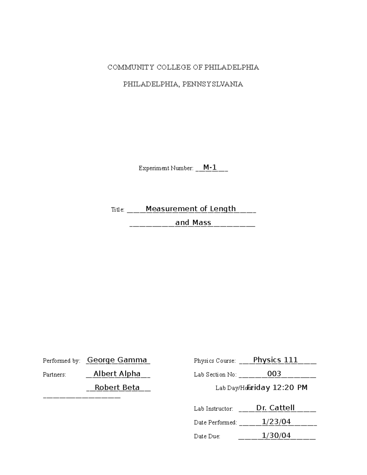 Sample Lab Report - COMMUNITY COLLEGE OF PHILADELPHIA PHILADELPHIA ...