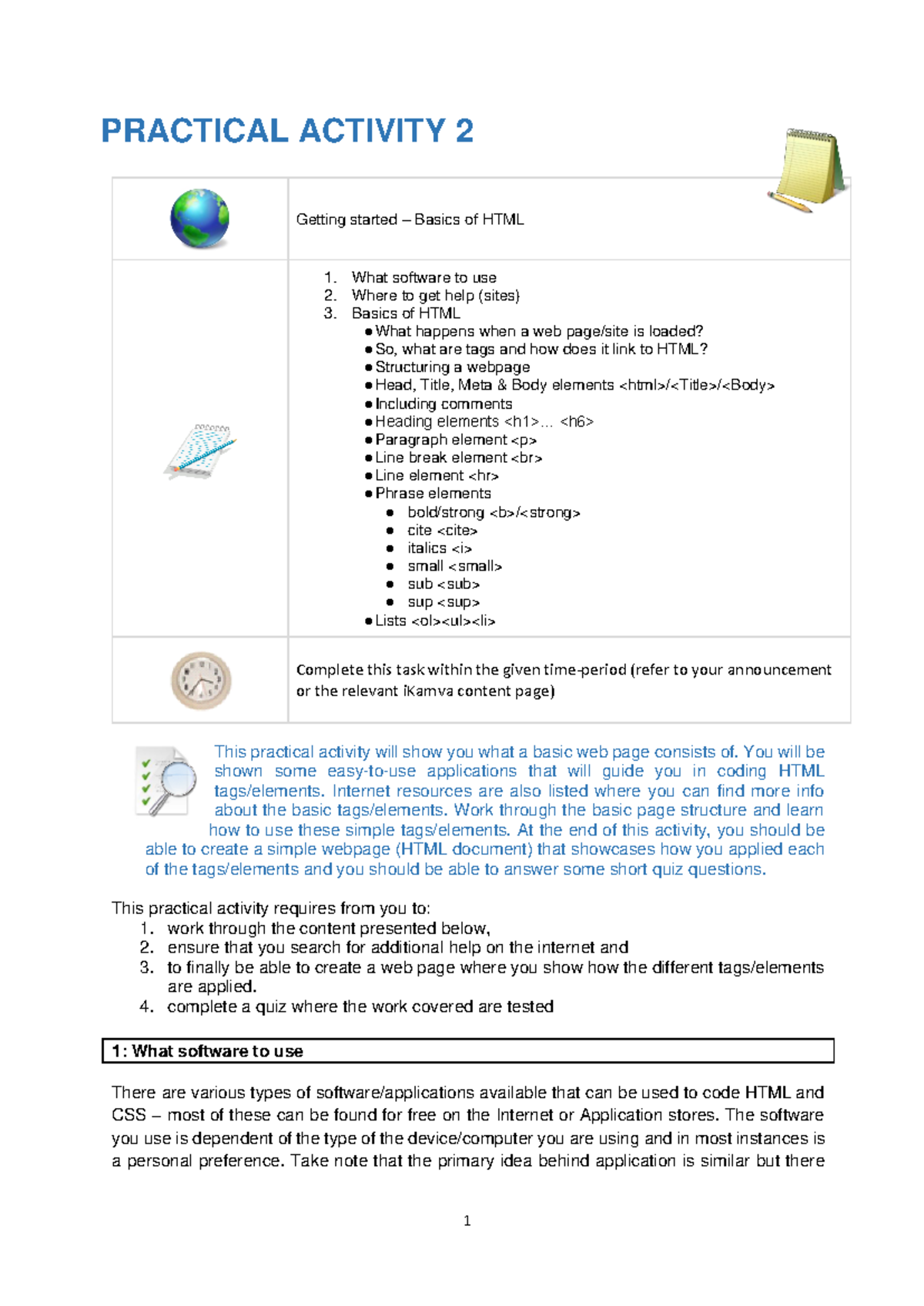 Practical 2 - PRACTICAL ACTIVITY 2 Getting started – Basics of HTML 1 ...