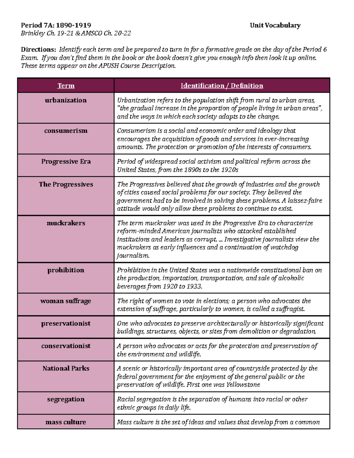 A. Period 7A (1890-1919) Vocabulary - Period 7A: 1890-1919 Unit ...