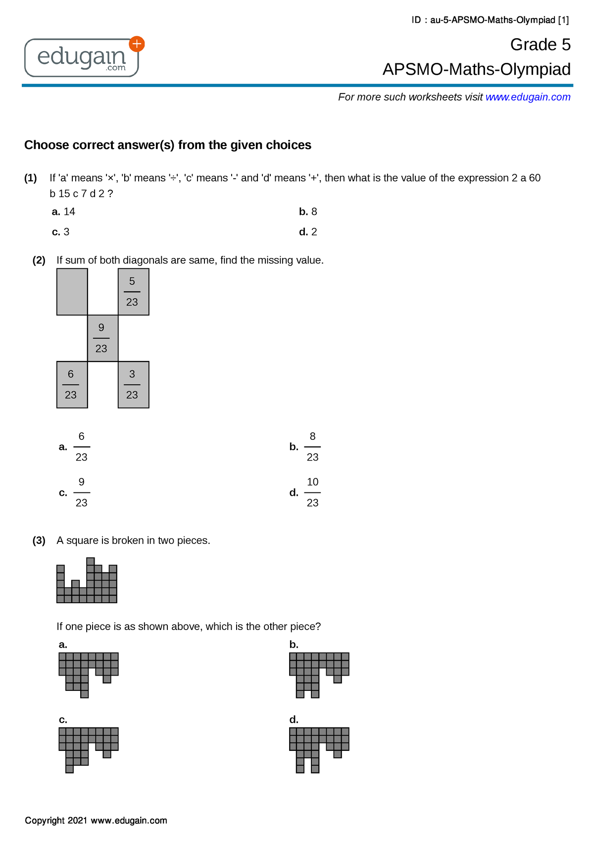 Grade 5 Apsmo Maths Olympiad au Grade 5 APSMOMathsOlympiad For more