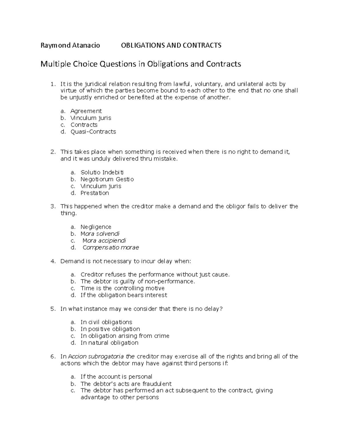 49526180 Multiple Choice Questions In Obligations And Contracts Warning Tt Undefined 49526180 Multiple Choice Questions In Obligations And Contracts Warning Tt Undefined