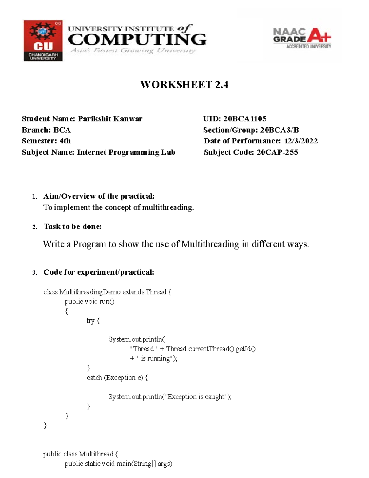 Worksheet 2.4 20bca1105 - WORKSHEET 2. Student Name: Parikshit Kanwar ...