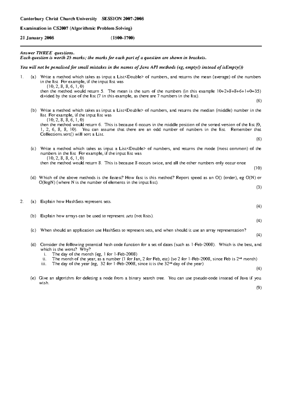 Exam 21 January 2009, questions - Canterbury Christ Church University ...