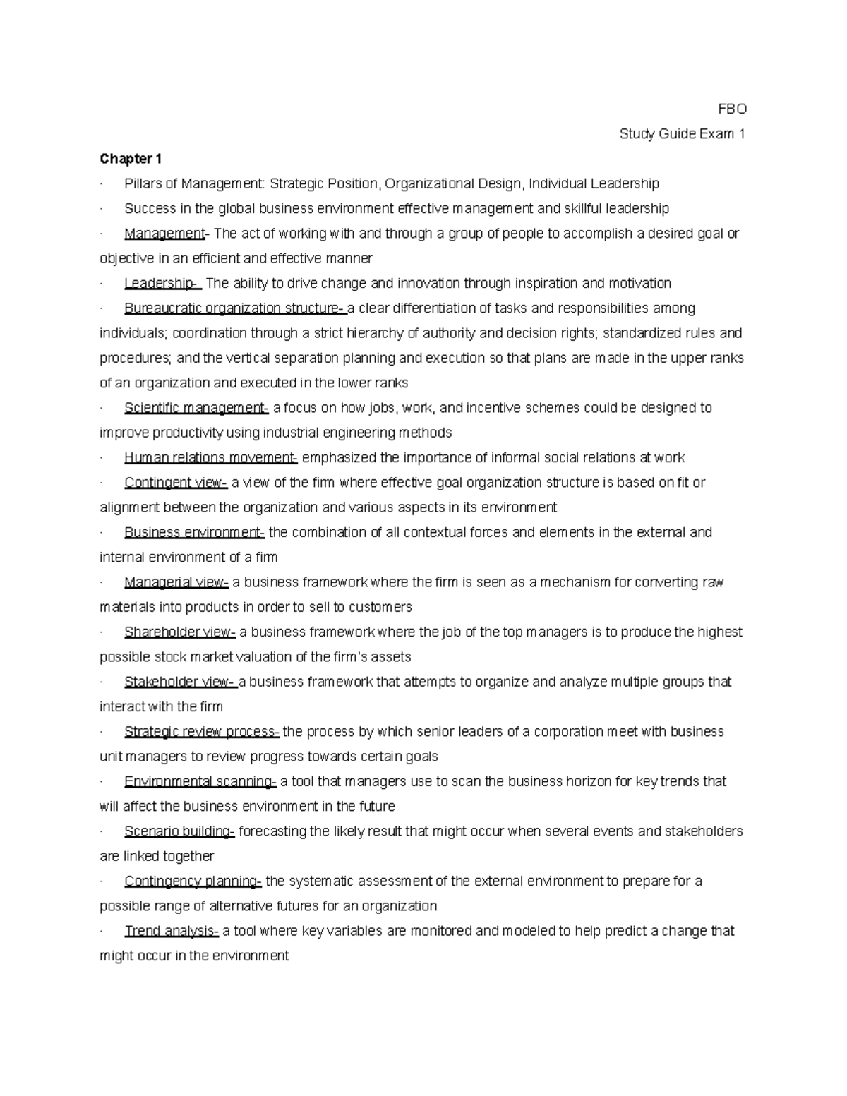 MGMT 1001 term guide - FBO Study Guide Exam 1 Chapter 1 · Pillars of ...
