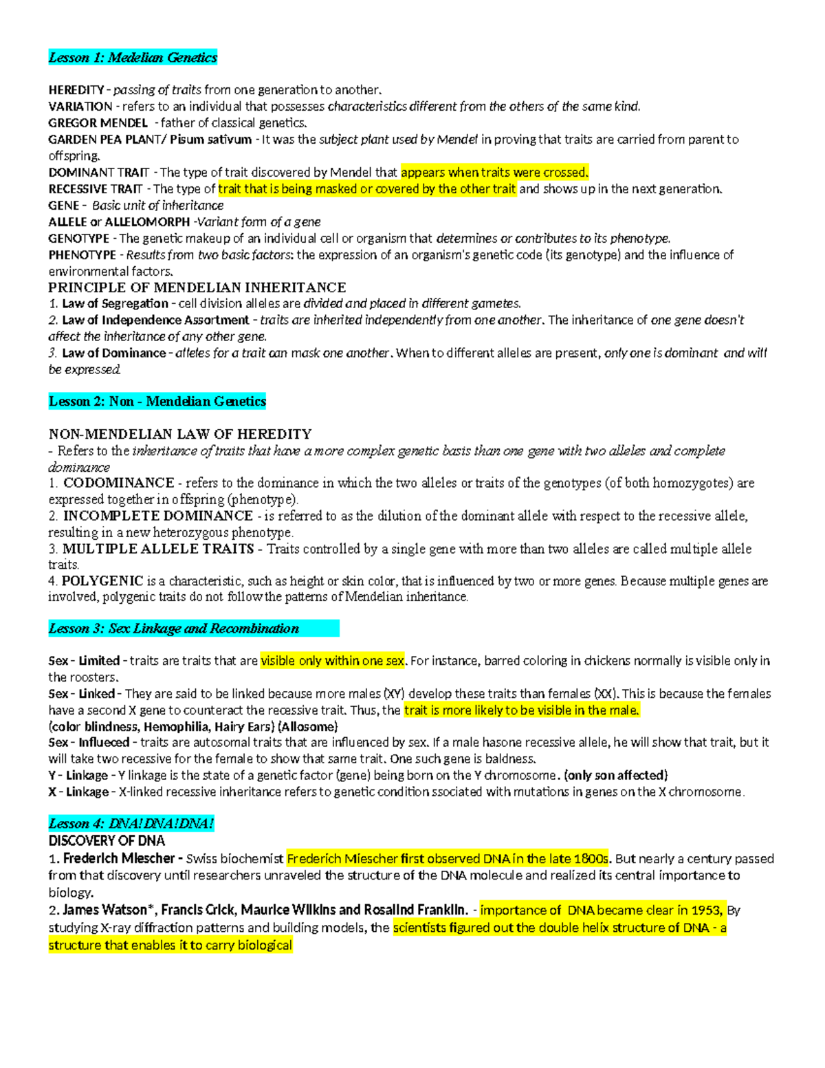 BIO Reviewer - Lesson 1: Medelian Genetics HEREDITY - passing of traits ...