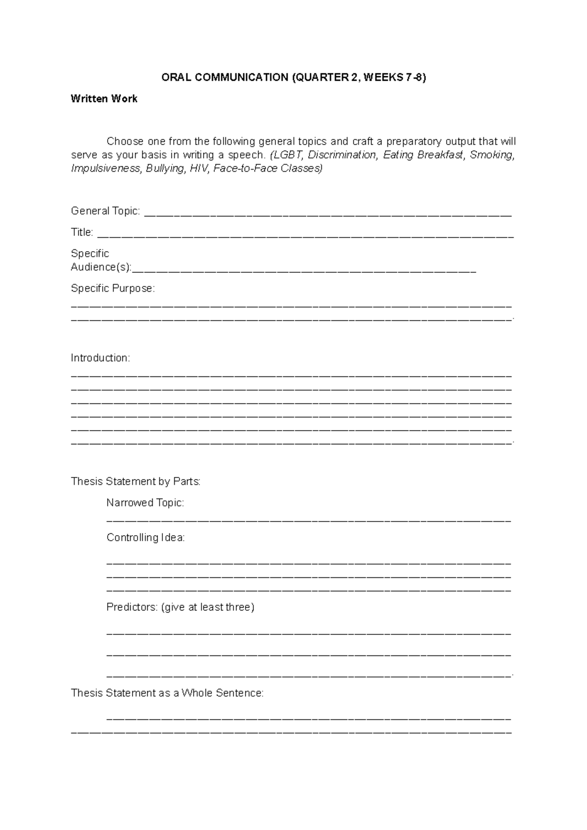 Assessment - week 7-8 -Oral Comm - ORAL COMMUNICATION (QUARTER 2, WEEKS ...