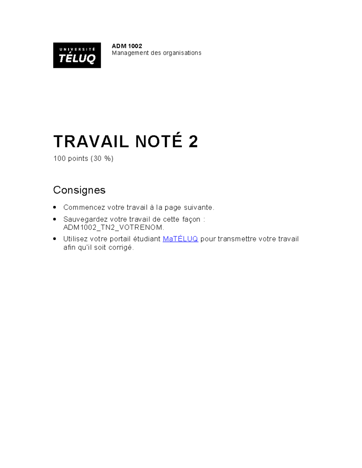 ADM1002 TN2 - MERCI - ADM 1002 Management des organisations TRAVAIL ...