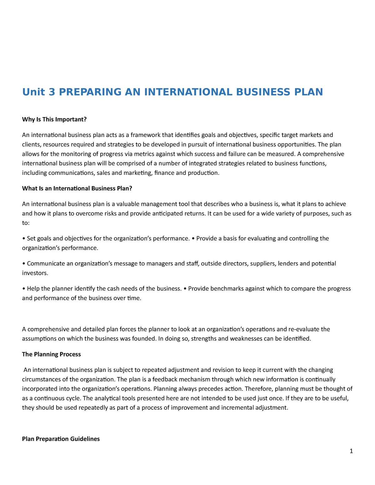 what should an international business plan include
