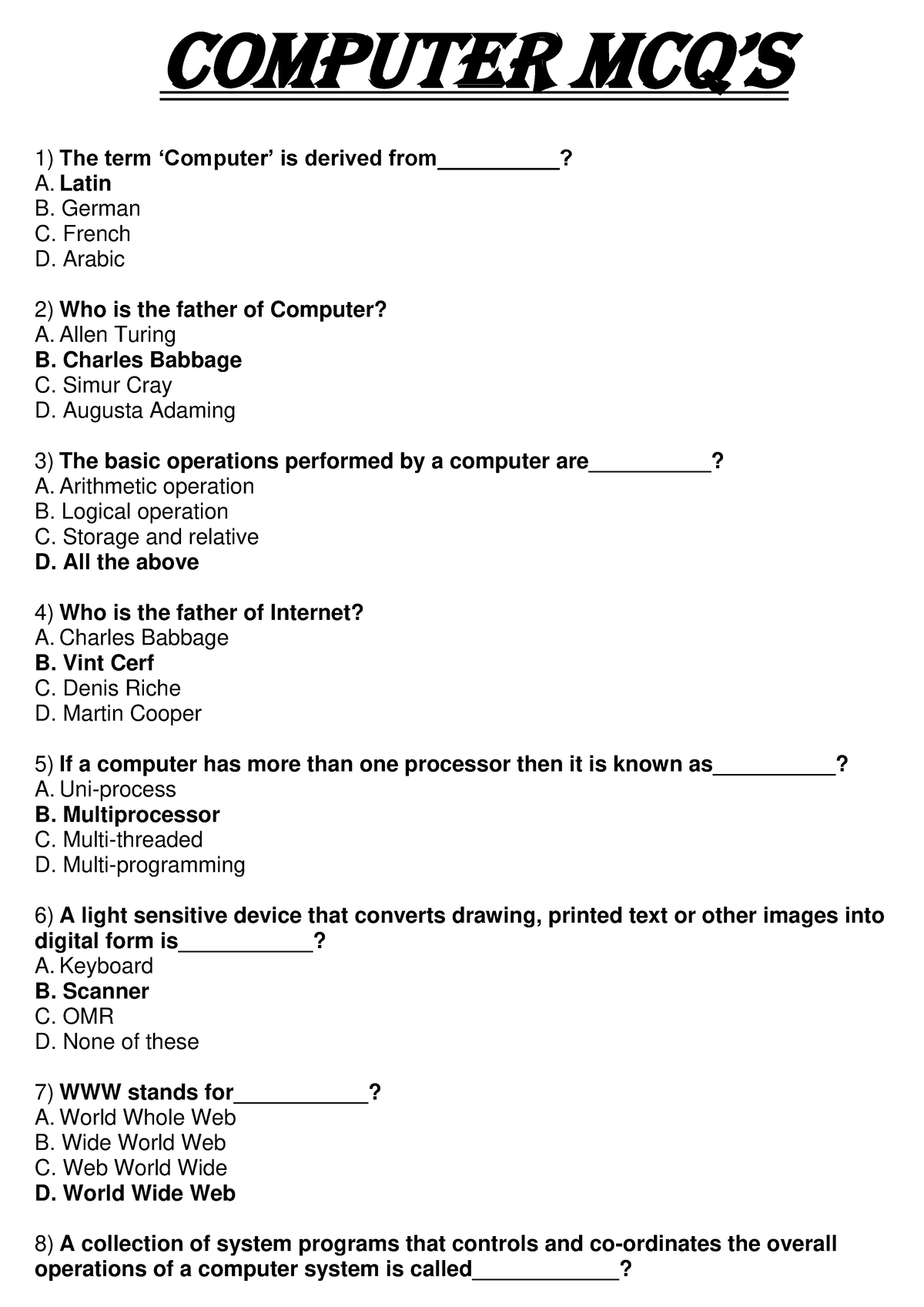 Csci - Computer Science - COMPUTER MCQ’S The Term ‘Computer’ Is Derived ...