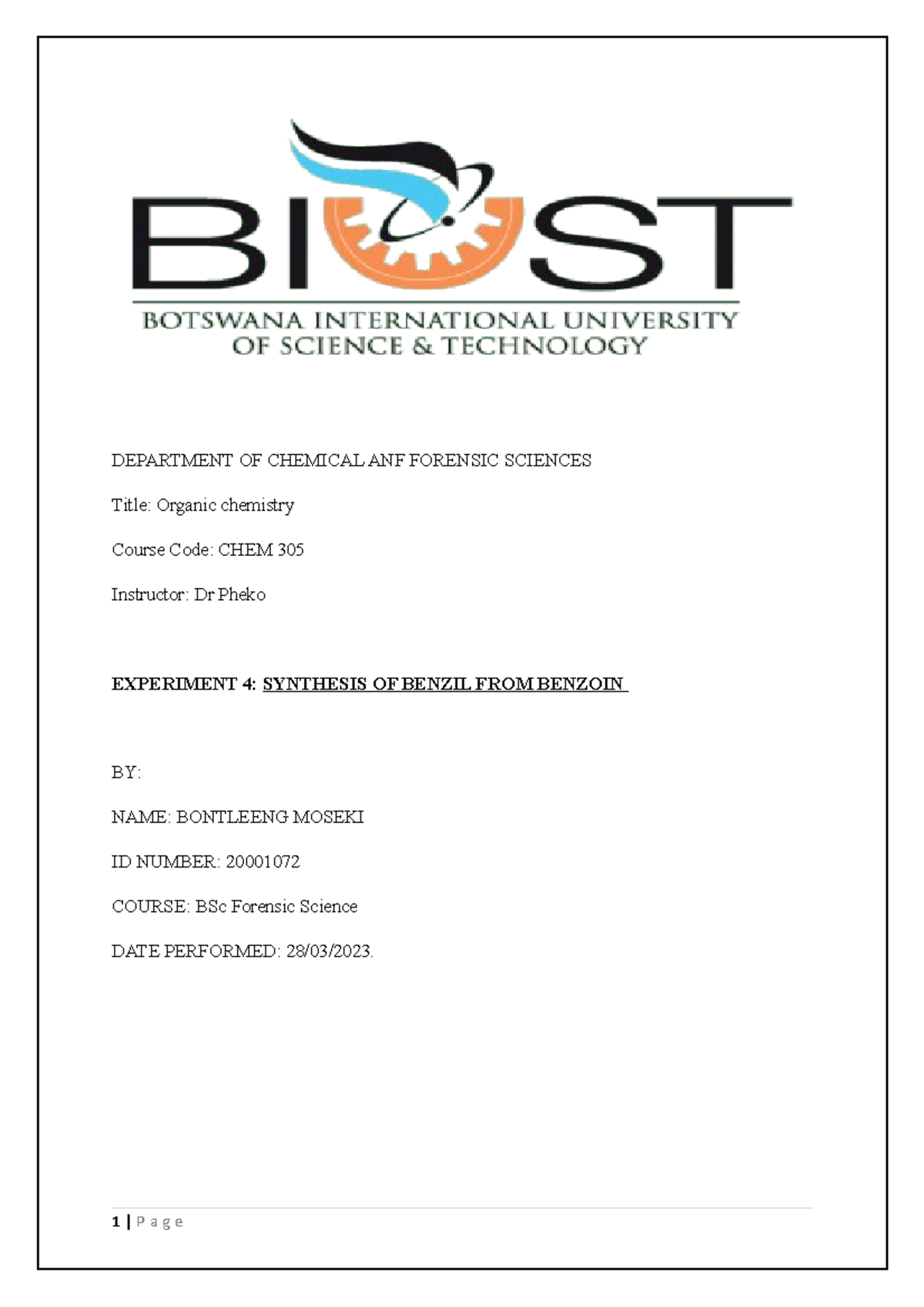 LAB 4 Chemistry 305 lab report DEPARTMENT OF CHEMICAL ANF FORENSIC