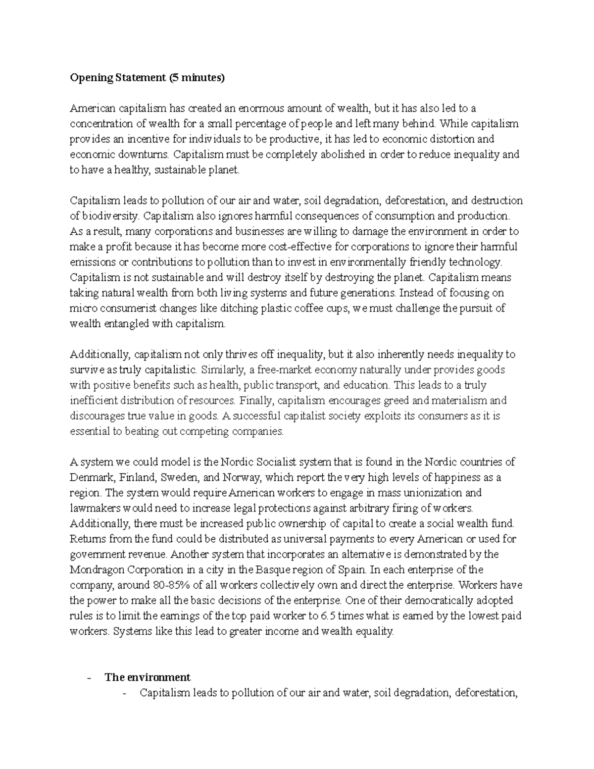 Overthrow Capitalism Opening Statement (5 minutes) American