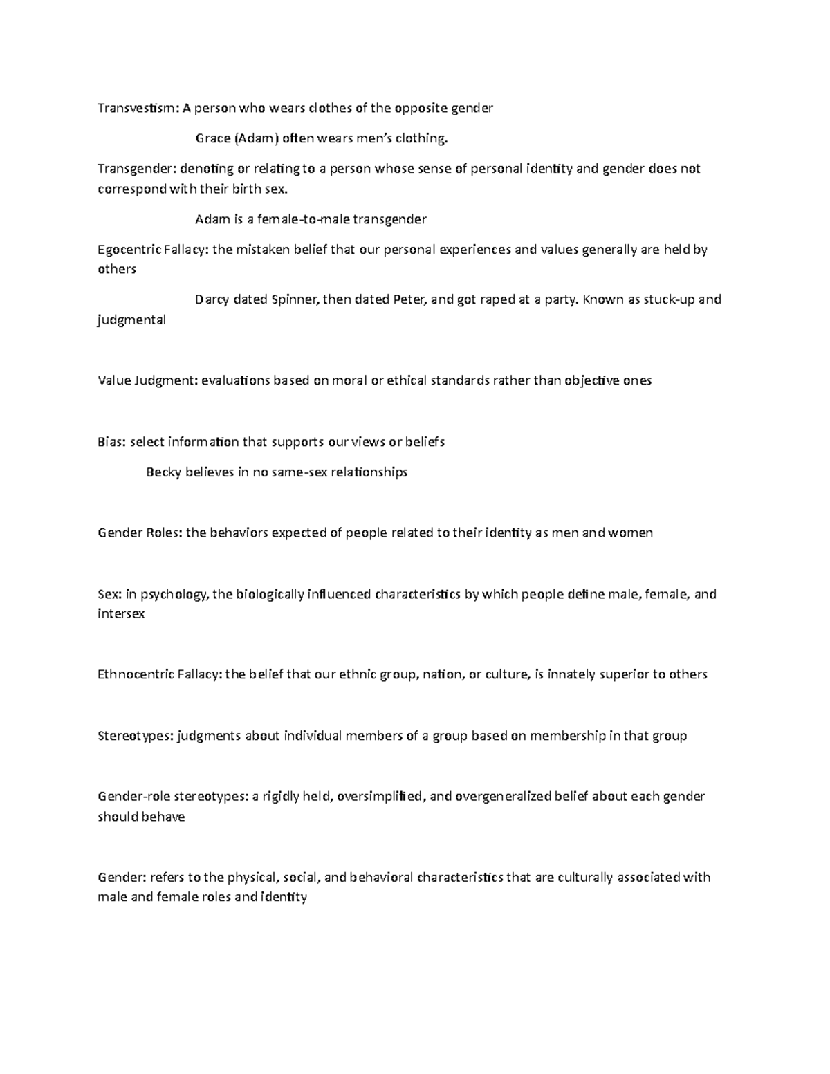PSY 100 Exam 1 Study Guide - Transvestism: A person who wears clothes ...