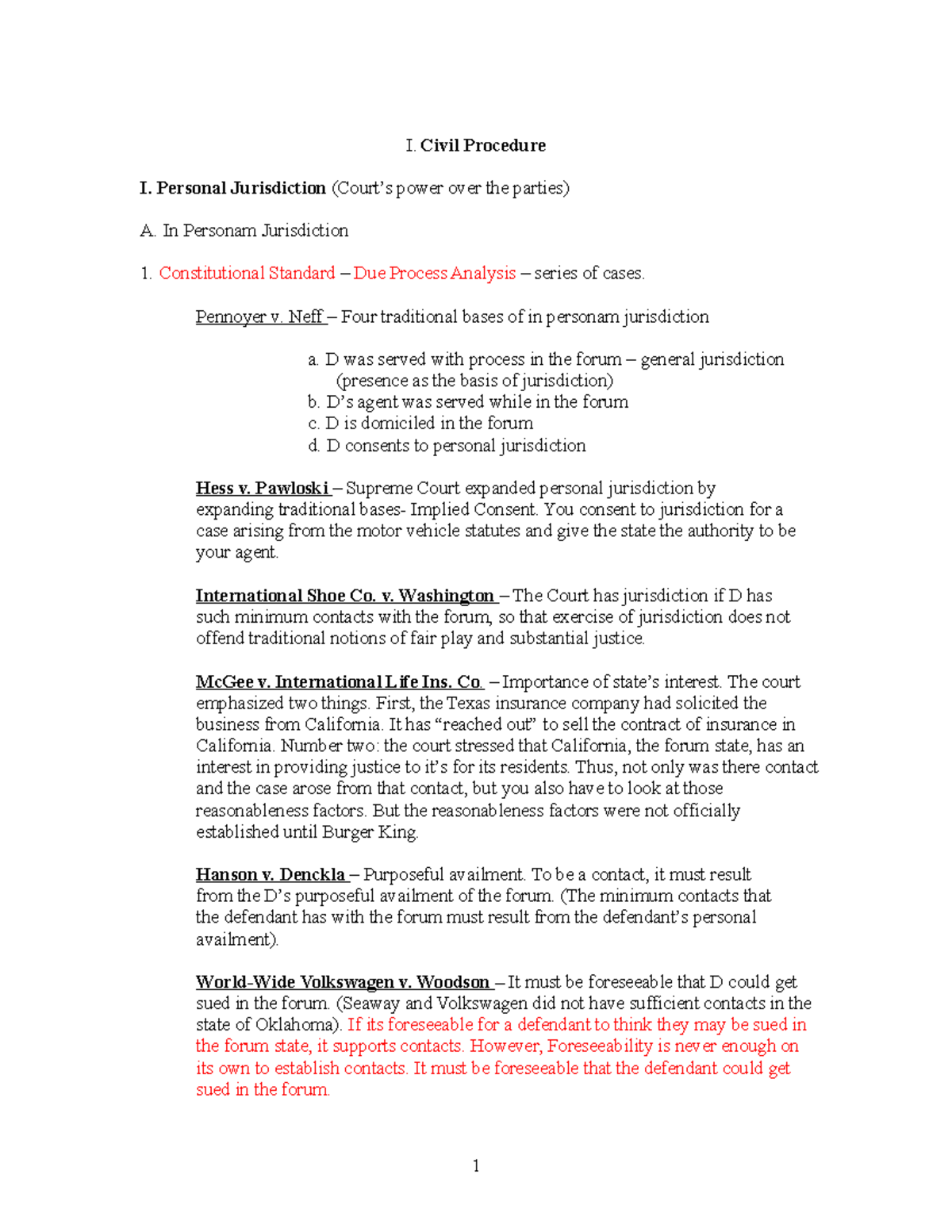 Civ Pro Outline - I. Civil Procedure I. Personal Jurisdiction (Court’s ...