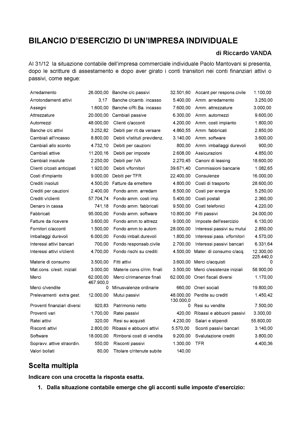 Bilancio D Esercizio Esercitazione Economia Aziendale Bilancio D