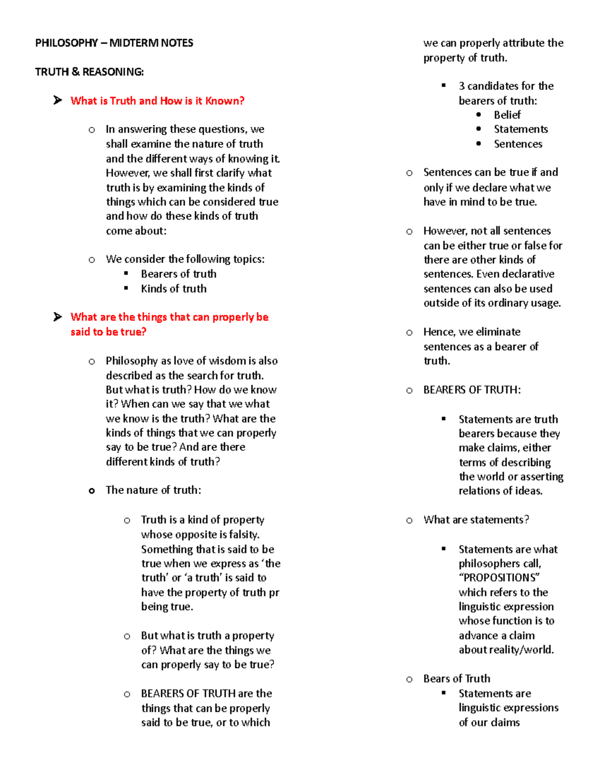 Philosophy - Midterm Notes - PHILOSOPHY – MIDTERM NOTES TRUTH ...