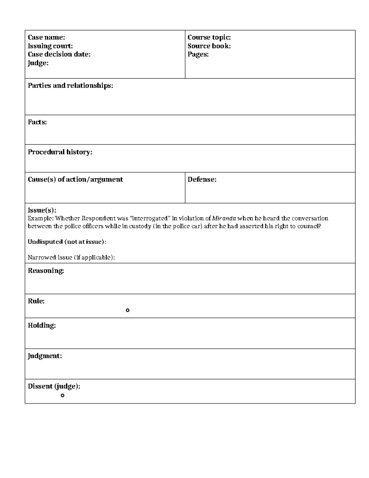 Case Brief template - Case name: Issuing court: Case decision date ...