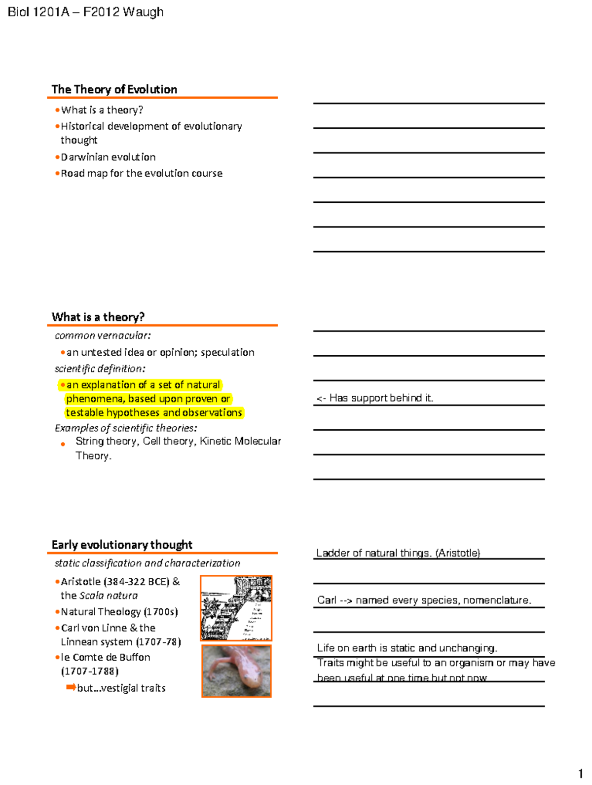 Lecture slides, lecture: Evolution as a Theory - notes - Biol 1201A ...