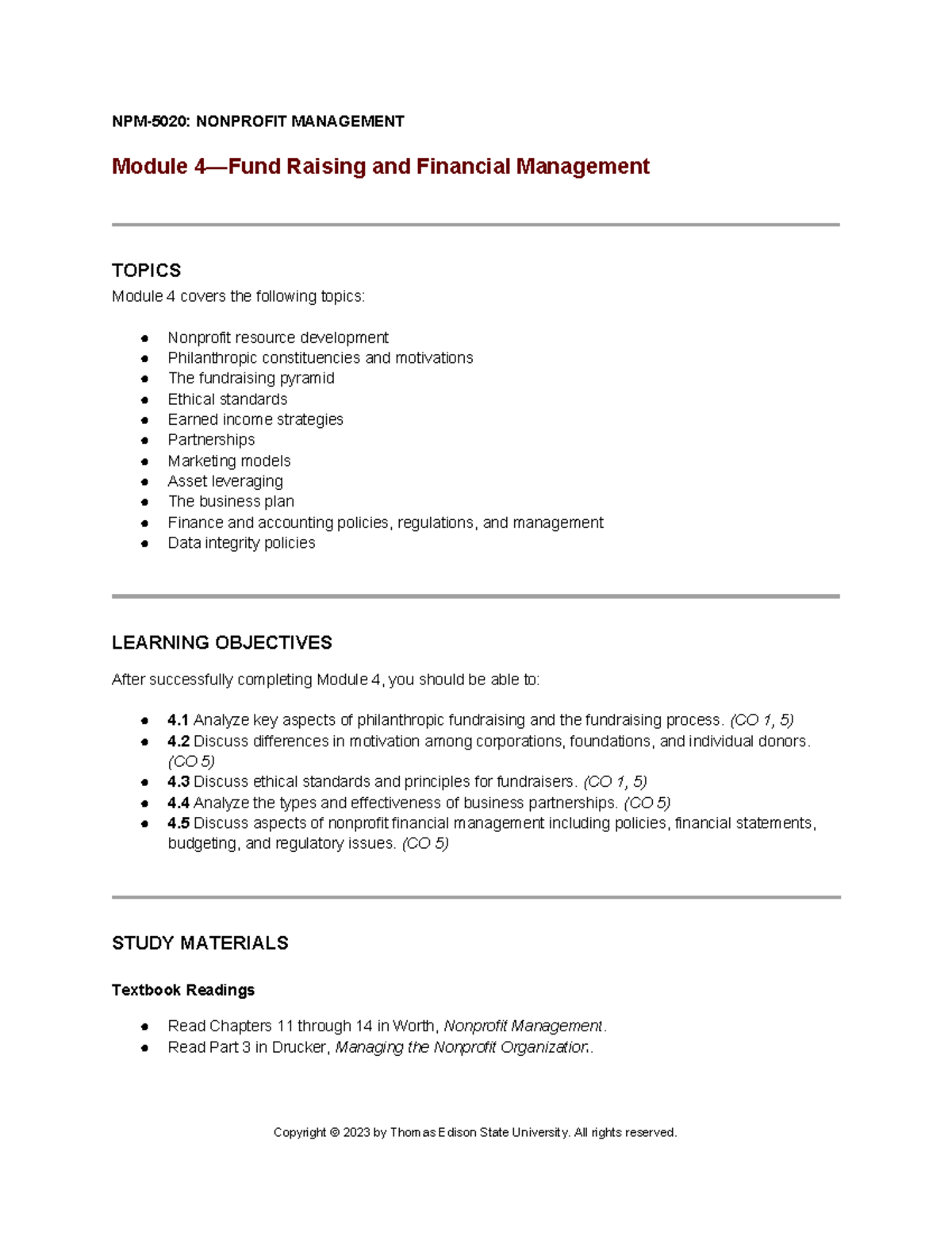 Module 4 NPM-5020-jul23 - NPM-5020: NONPROFIT MANAGEMENT Module 4—Fund ...