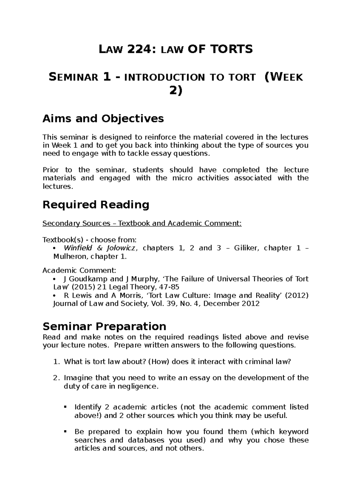 law-224-seminar-1-introduction-to-tort-law-224-law-of-torts-seminar-1-introduction-to