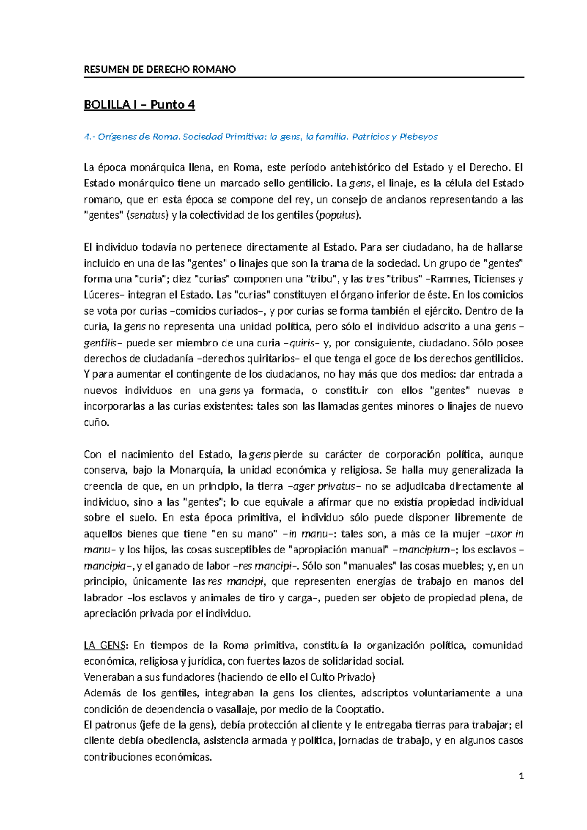 Resumen DE Derecho Romano - RESUMEN DE DERECHO ROMANO BOLILLA I – Punto ...