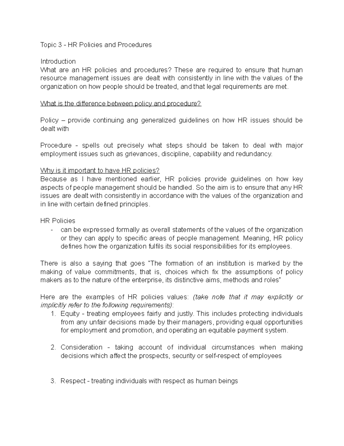 Topic 3 HR Policies and Procedures - Topic 3 - HR Policies and ...