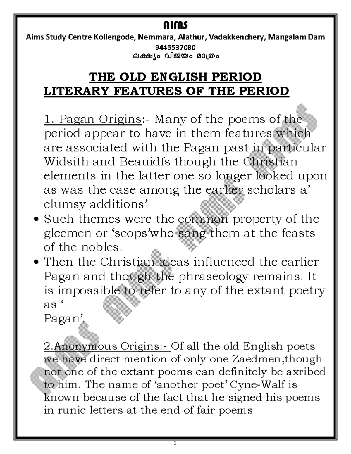 THE OLD English Period 2 - Aims Study Centre Kollengode, Nemmara ...