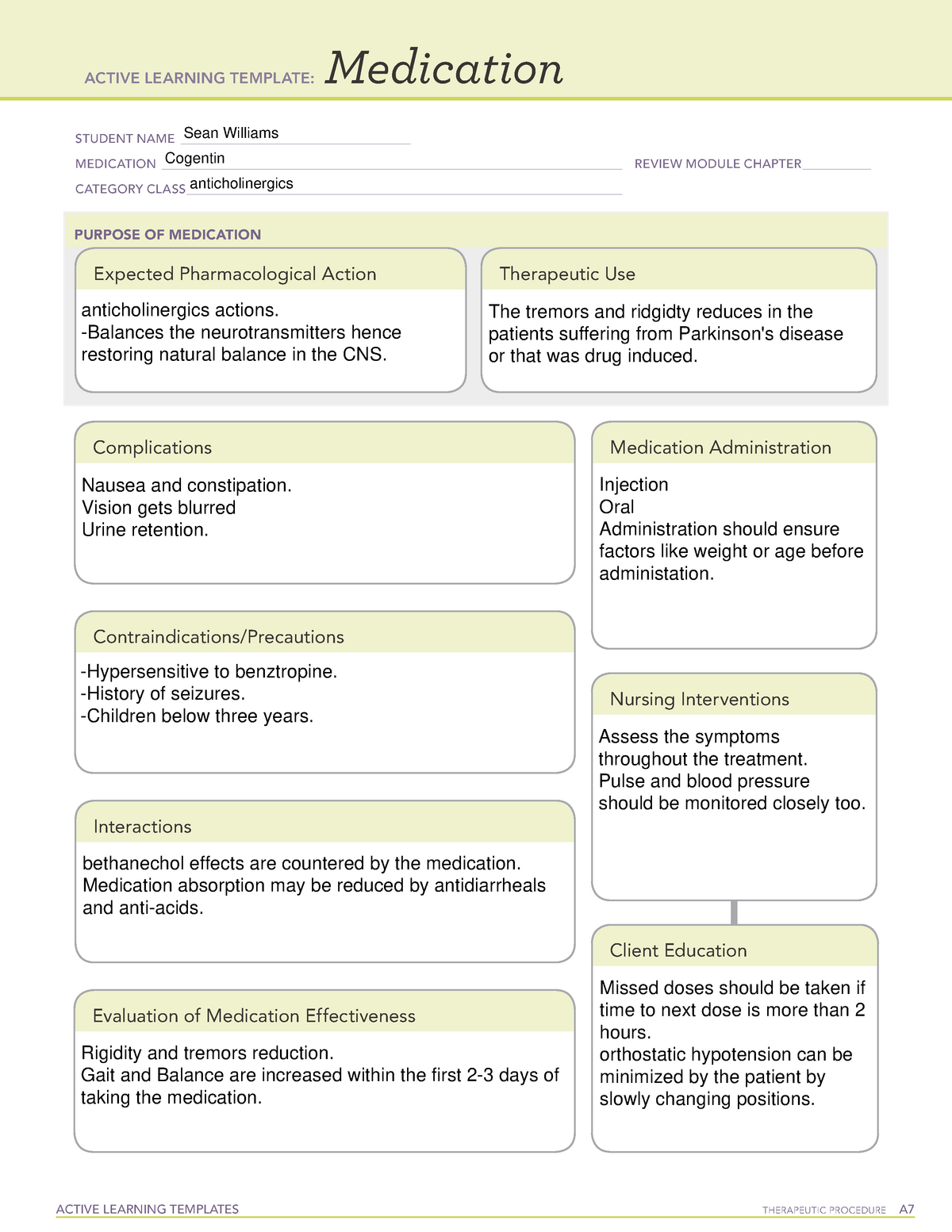 ATI Medication Template Cogentin ACTIVE LEARNING TEMPLATES