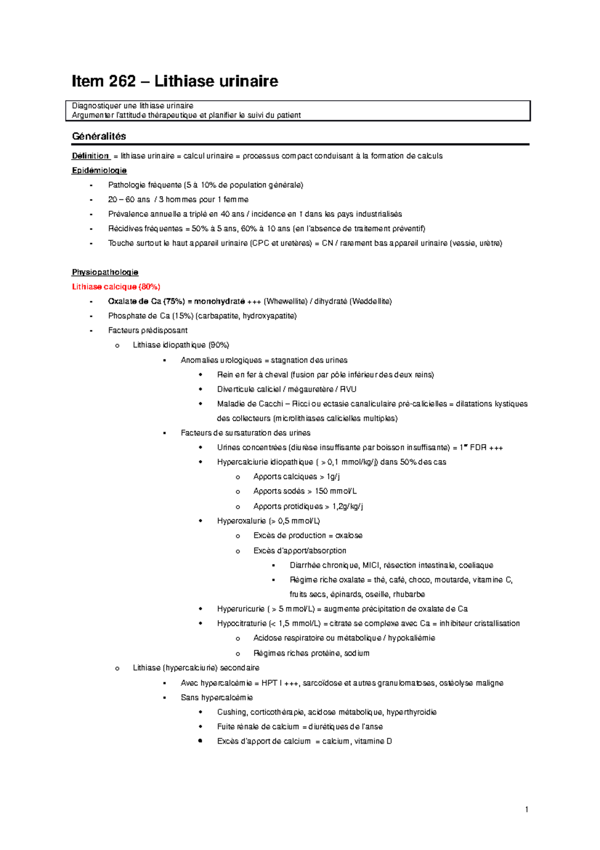 Item 262 Lithiase Urinaire Item 262 Lithiase Urinaire Diagnostiquer Une Lithiase Urinaire Studocu