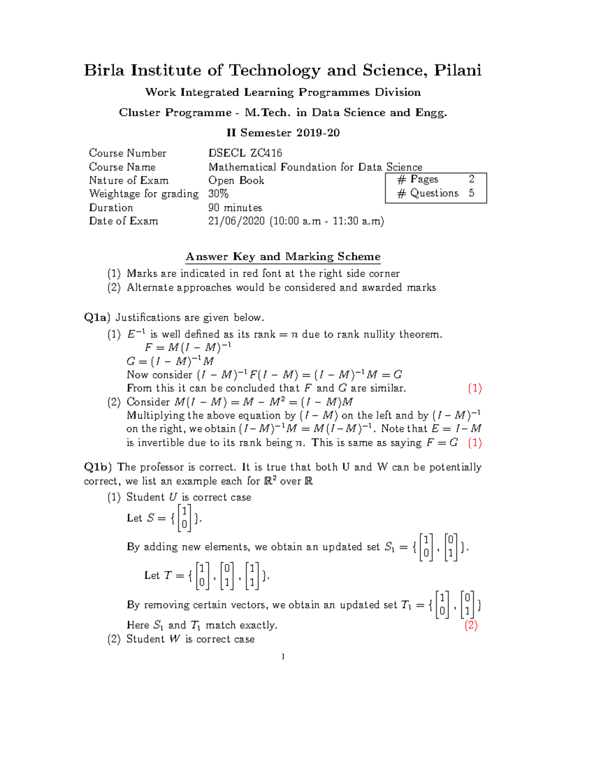 Midsem MFDS Regular Answer key - Birla Institute of Technology and ...