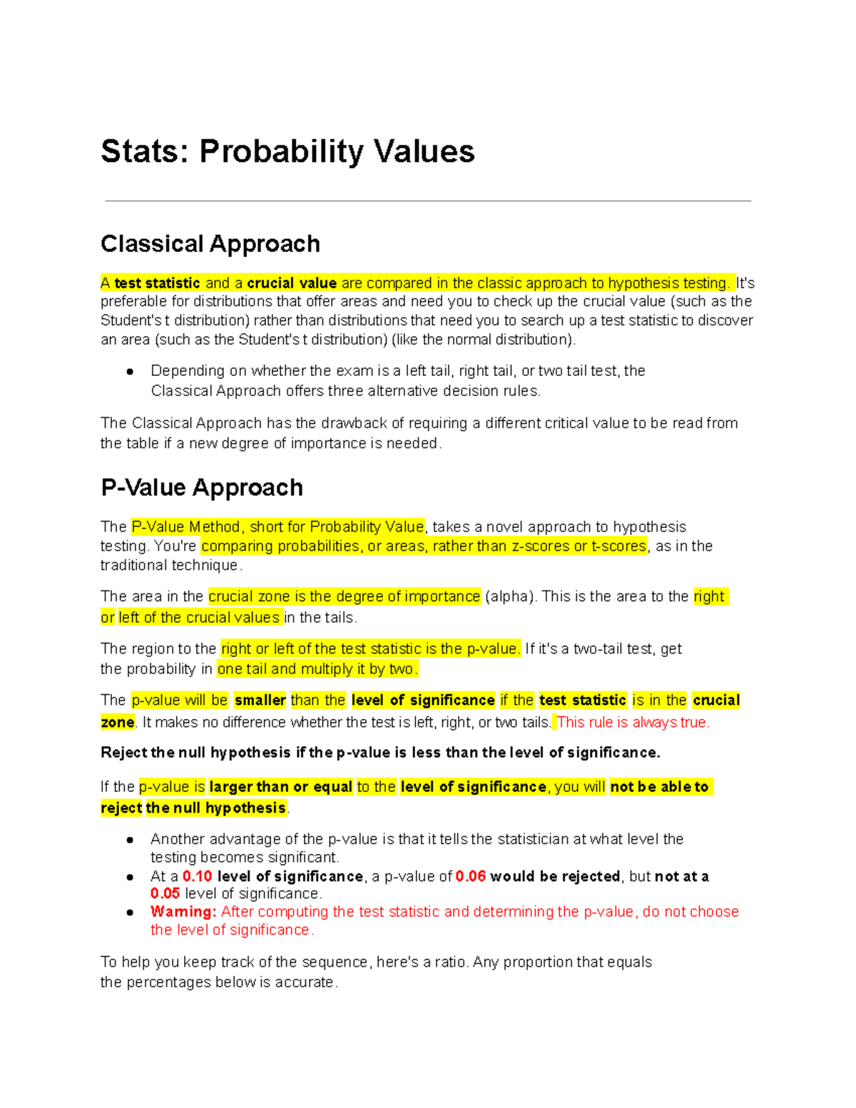 P-values - Statistics: Lecture Notes - Stats: Probability Values ...