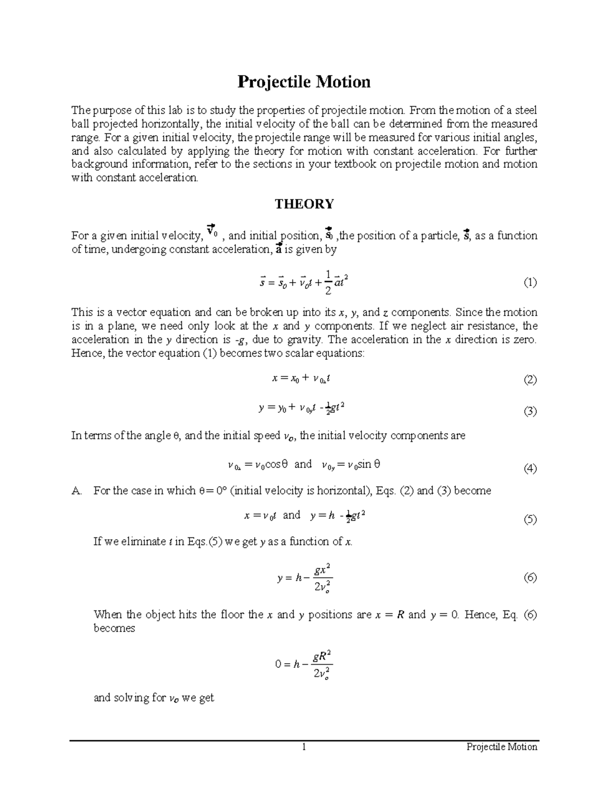 Projectile - lab report - Projectile Motion The purpose of this lab is ...