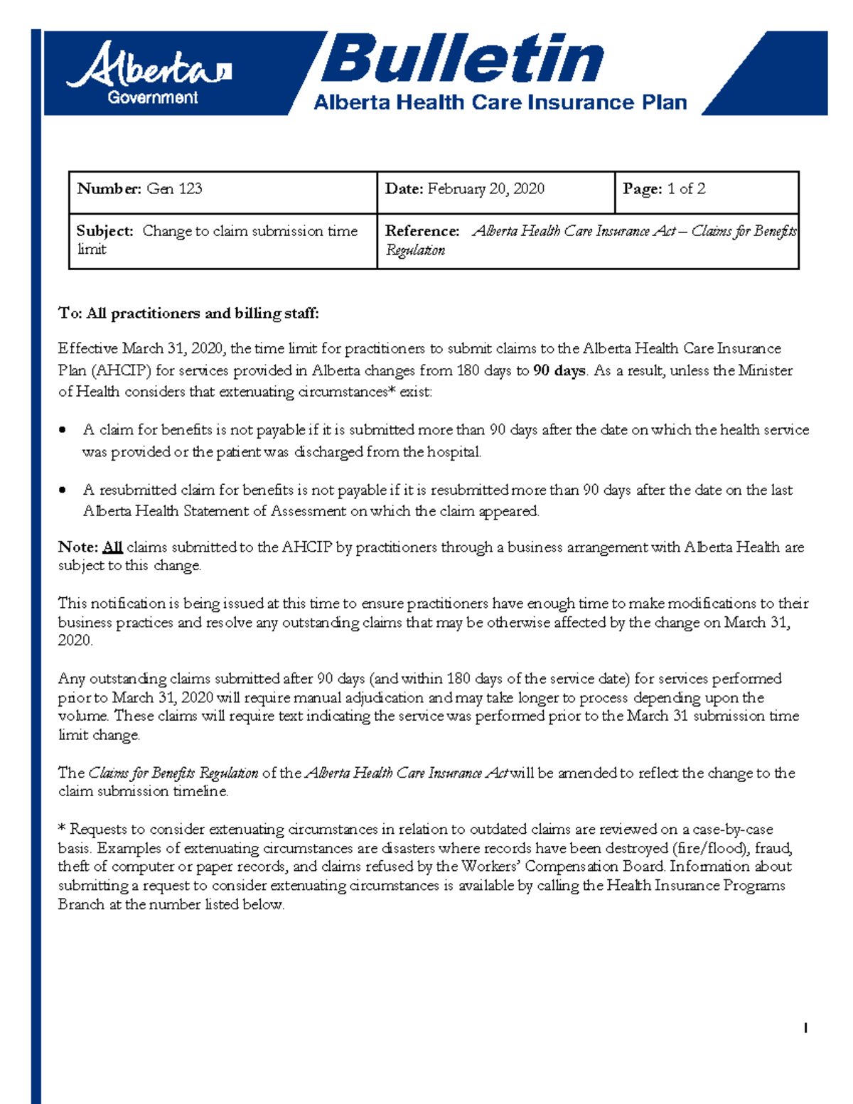 Health ahcip bulletin gen 123 bulletin claim submission time limit - 1 ...