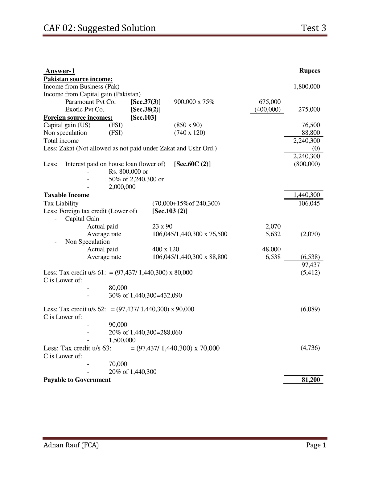 Test-3 Solution tax - lectures notes - CAF 02: Suggested Solution Test ...