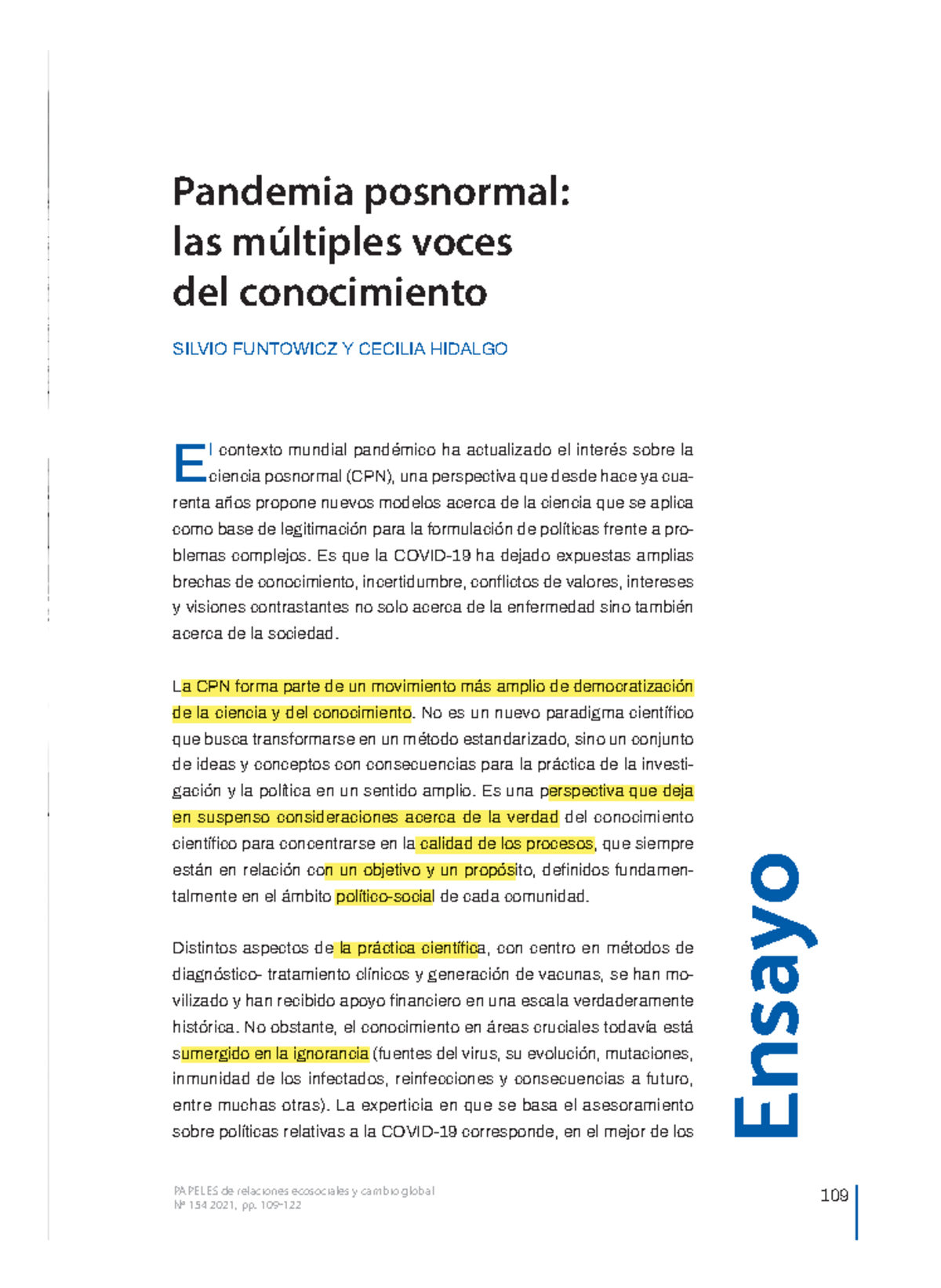 Funtowicz Pandemia posnormal. Las múltiples voces del conocimiento ...