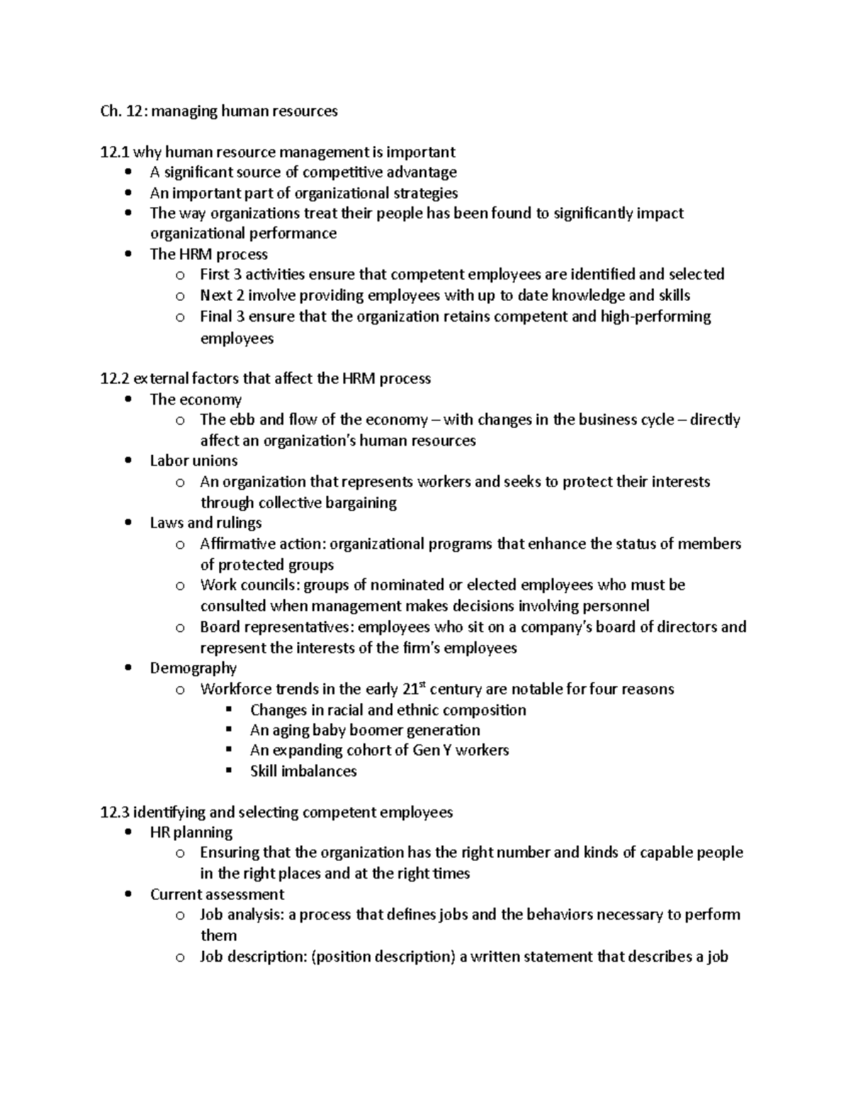 Ch. 12 notes - Ch. 12: managing human resources 12 why human resource ...