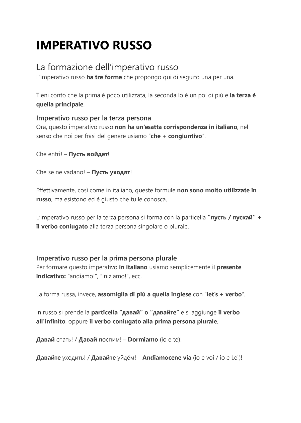 Imperativo Russo - schema delle regole grammaticali - IMPERATIVO RUSSO La  formazione dell'imperativo - Studocu